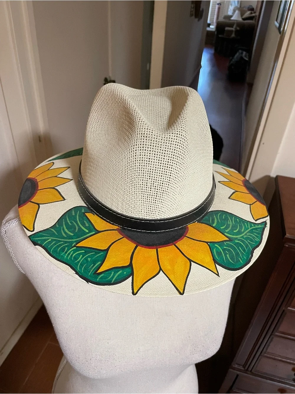 MX Mexico cream woven straw fedora hat black band hand painted sunflowers MEDIUM